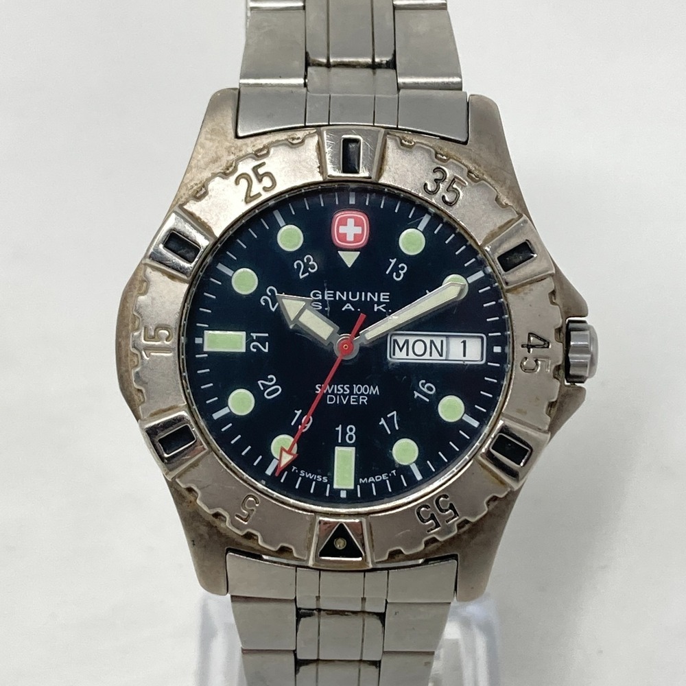 Wenger SAK Watch Men 39mm Day Date Military Black Dial Swiss New Battery 8.25"